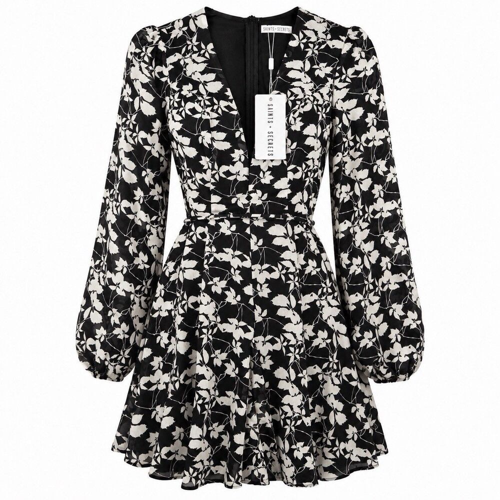Saints + Secrets Charlia Dress Women M Black White Floral Mini Long Sleeve NWT